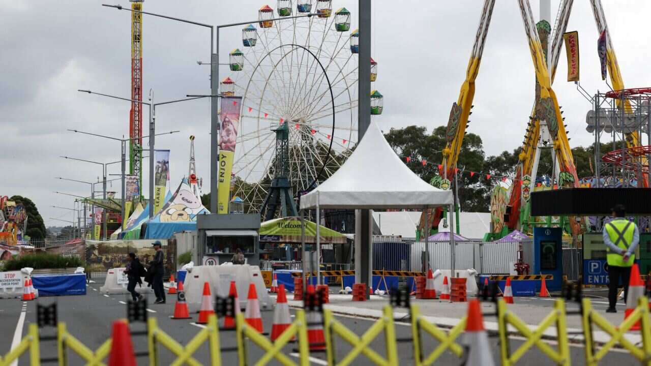 Bollards at the entrance to Sydney’s Royal Easter Show in Sydney, Tuesday, April 12, 2022. The carnival section at Sydney’s Royal Easter Show is closed after a 17-year-old was fatally stabbed when a fight broke out.