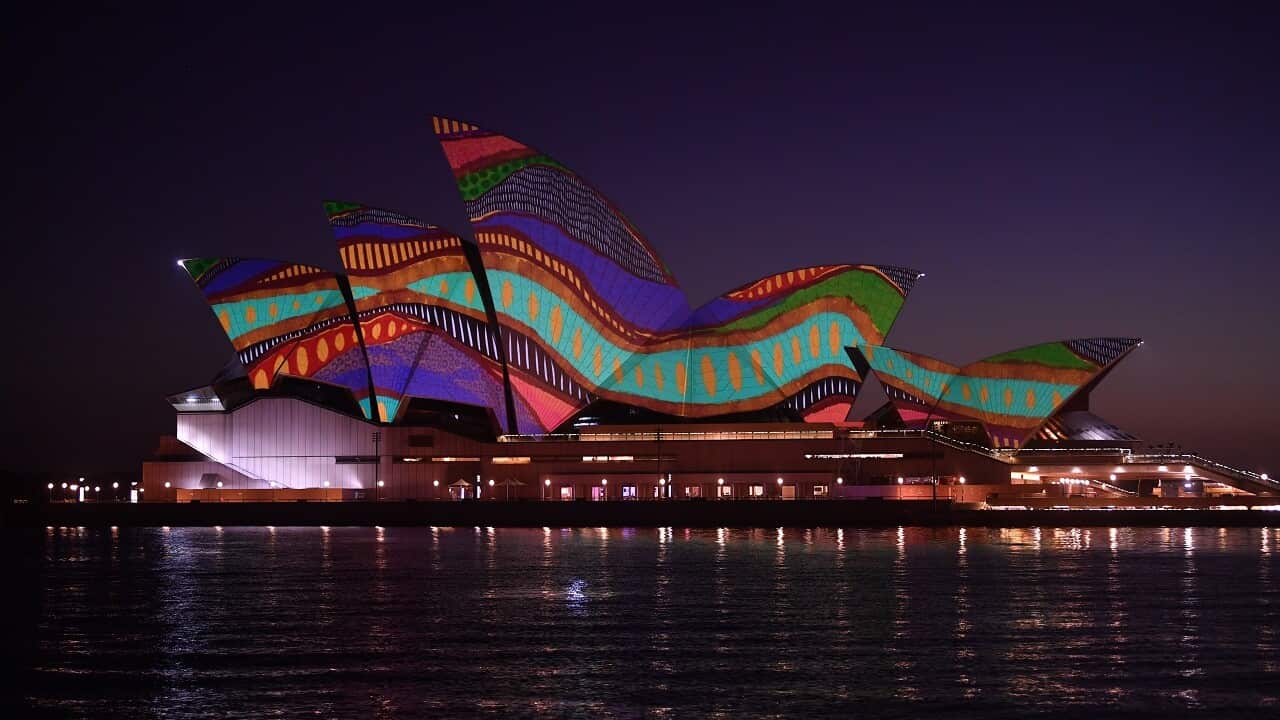 For the first time on Australia Day, the Sydney Opera House sails were lit up at dawn with Indigenous art as recognition of Australia’s First Nations people.