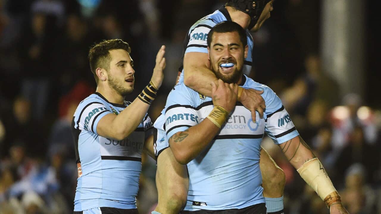 Sharks forward Andrew Fifita celebrates
