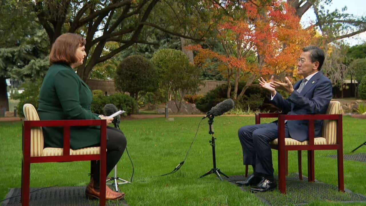 Anna Henderson and Shingo Yamagami sit across from each other outdoors.