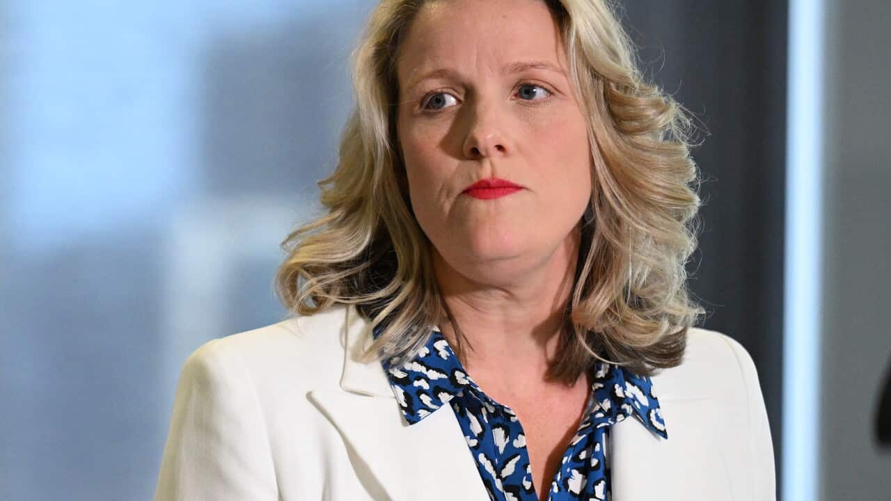 A woman standing at a podium in front of microphones.
