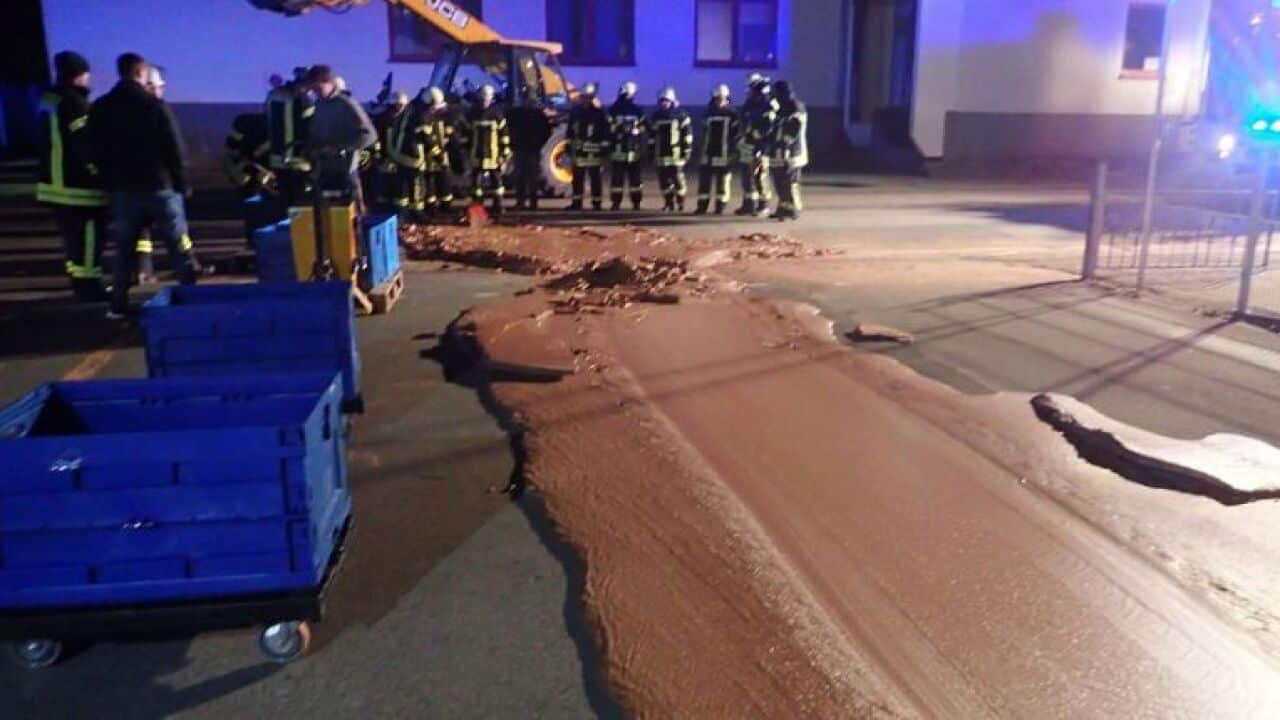 Spilt chocolate is seen on a road in Werl, Germany on December 10