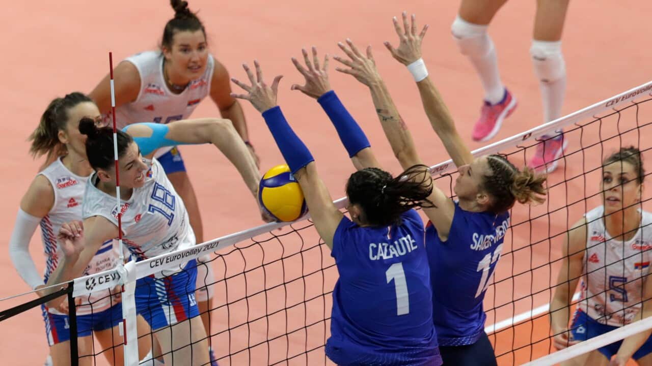 Serbia's Tijana Boskovic (18) in action against France during the 2021 Women's European Volleyball Championship quarterfinals.
