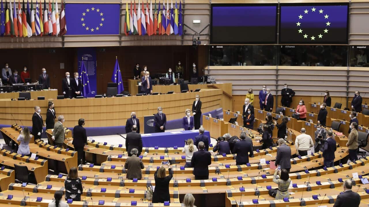 Members of the European Parliament sign the Conference on the Future of Europe agreement.
