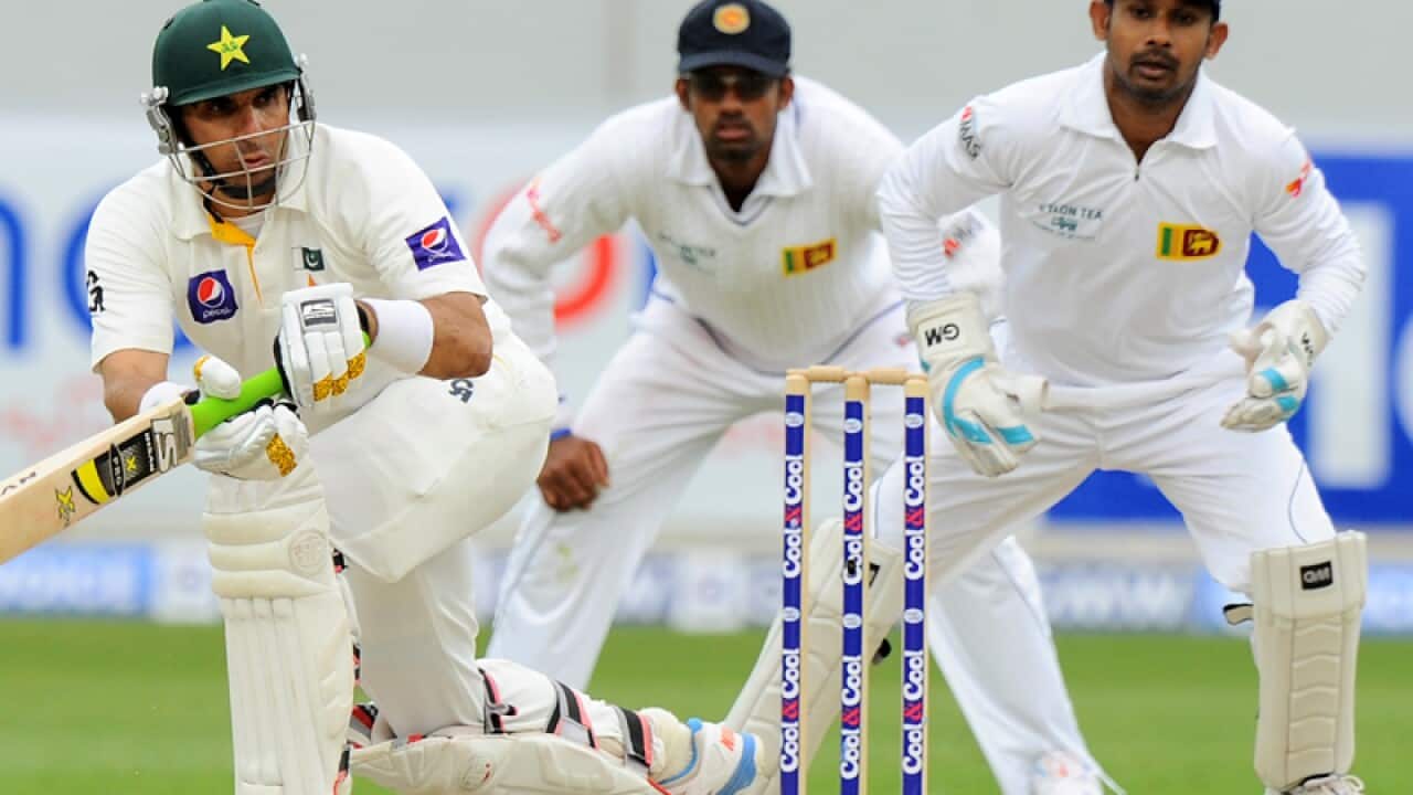 Pakistan's Misbah-ul Haq (L) during their match against Sri Lanka