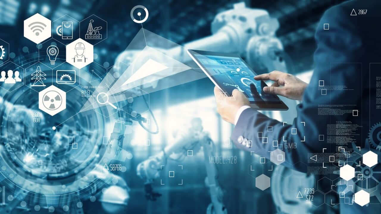 Manager Technicial Industrial Engineer working and control roboticts, Innovative and futuristic technology.