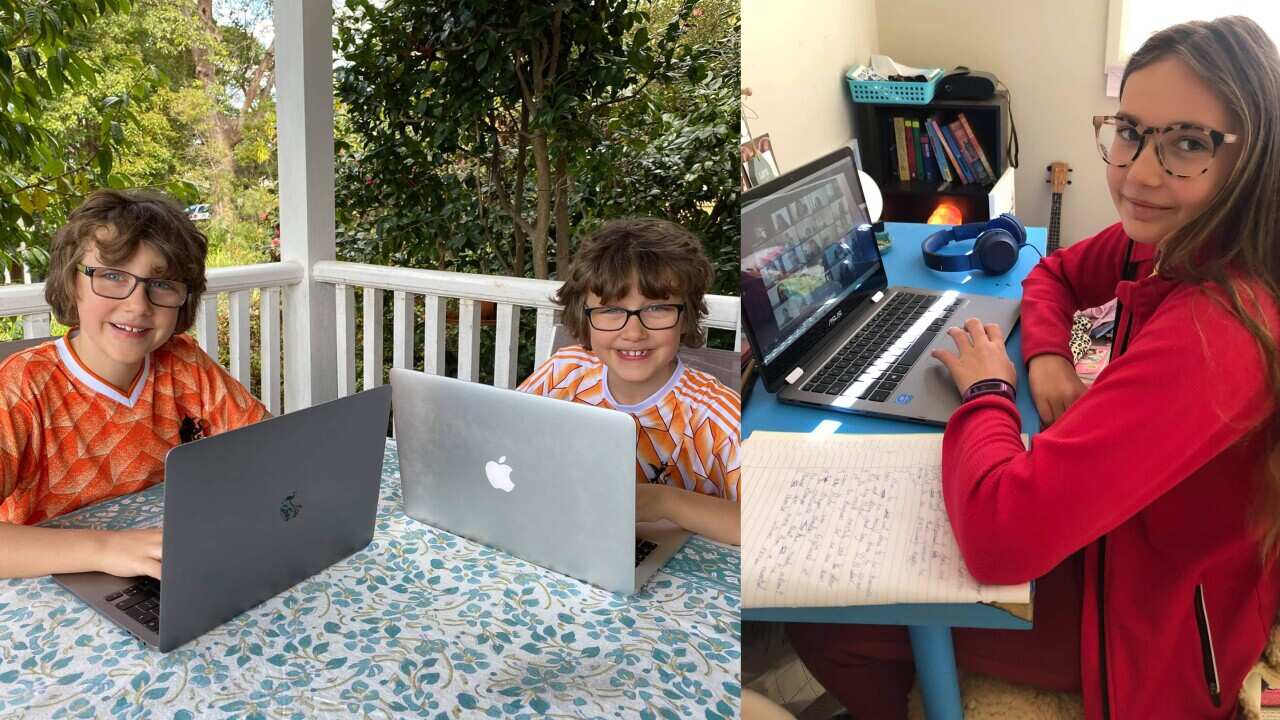 8 year old twins Sebastian & Mathias and Neelke (11 yo) during home schooling