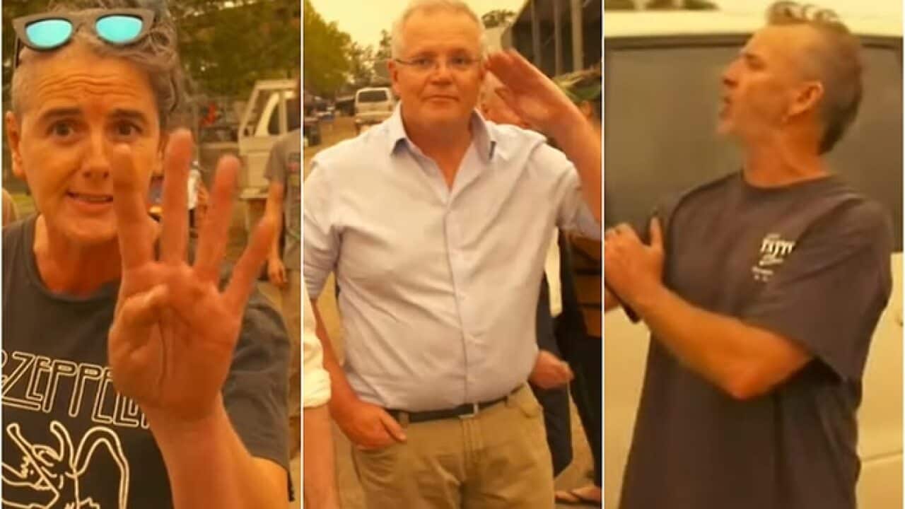 Prime Minister Scott Morrison is heckled as he tours a fire-ravaged community.