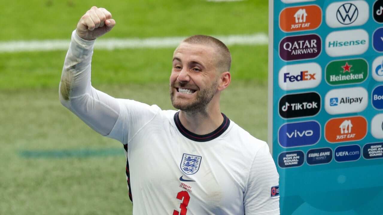 Luke Shaw reacts after an England match