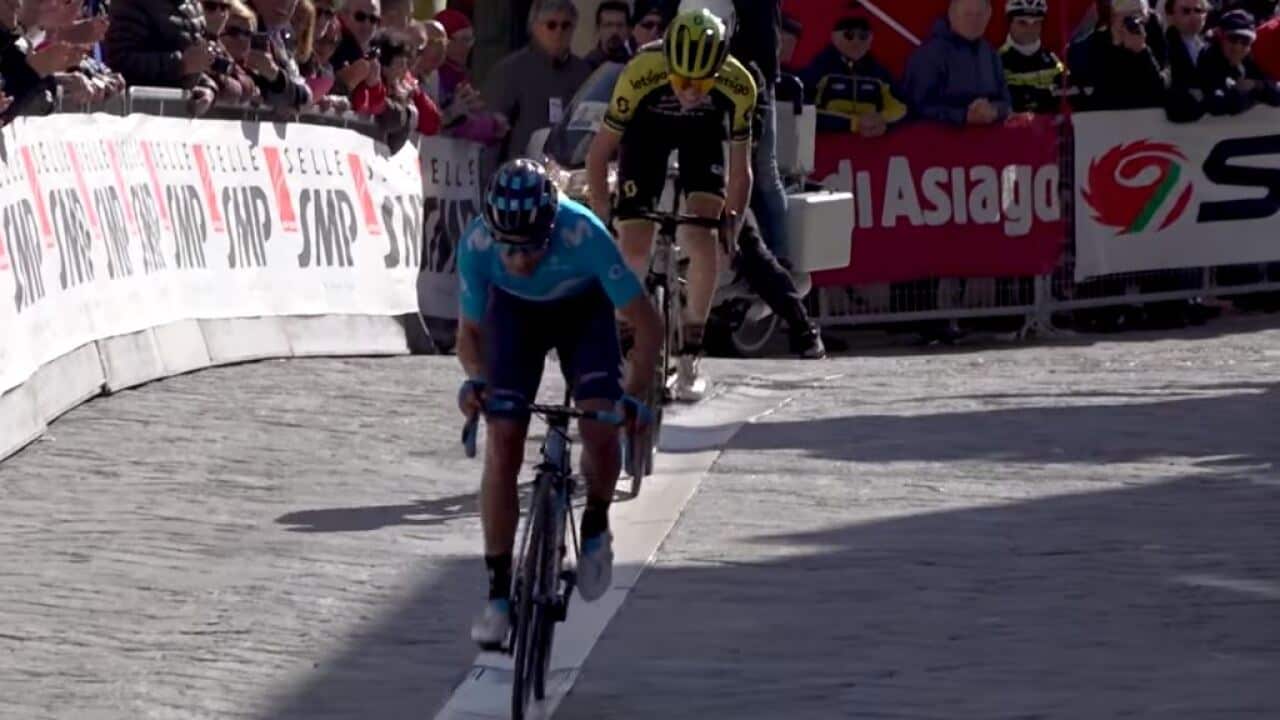 Lucas Hamilton in hot pursuit of Mikel Landa on Stage 2 at the Coppi e Bartali (Supplied)