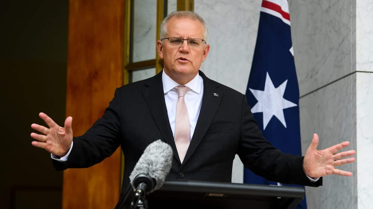 Prime Minister Scott Morrison speaks to the media during a press conference at Parliament House in Canberra.