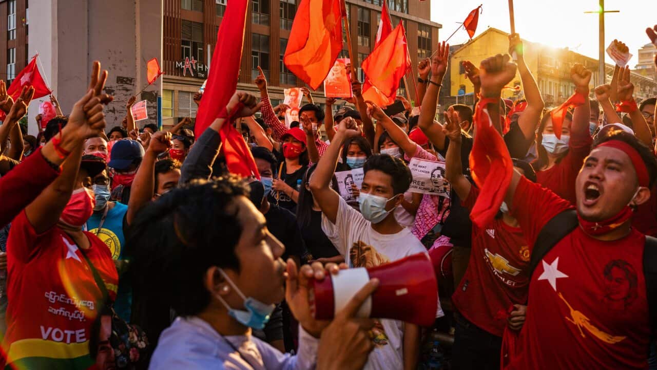 Protesters protest against the military coup in Downtown Yangon Myanmar on February 7, 2021.