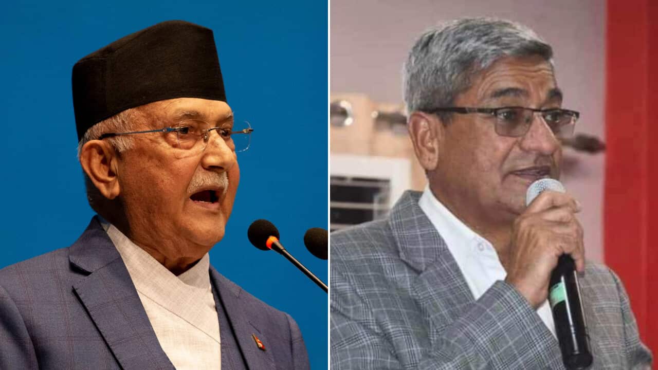 FILE PHOTO: Nepal's former Prime Minister KP Sharma Oli (L) and former Home Minister Ramesh Lekhak (R).