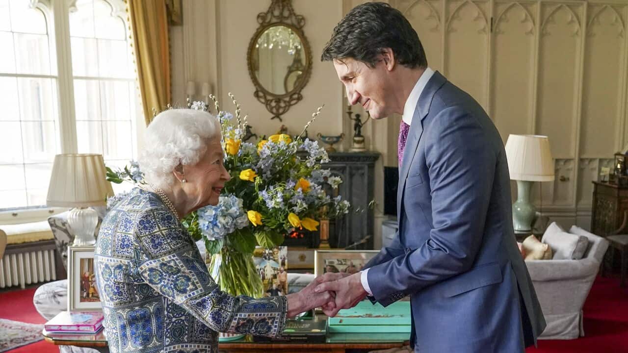 Queen Elizabeth II receives Canadian Prime Minister Justin Trudeau during an audience at Windsor Castle.