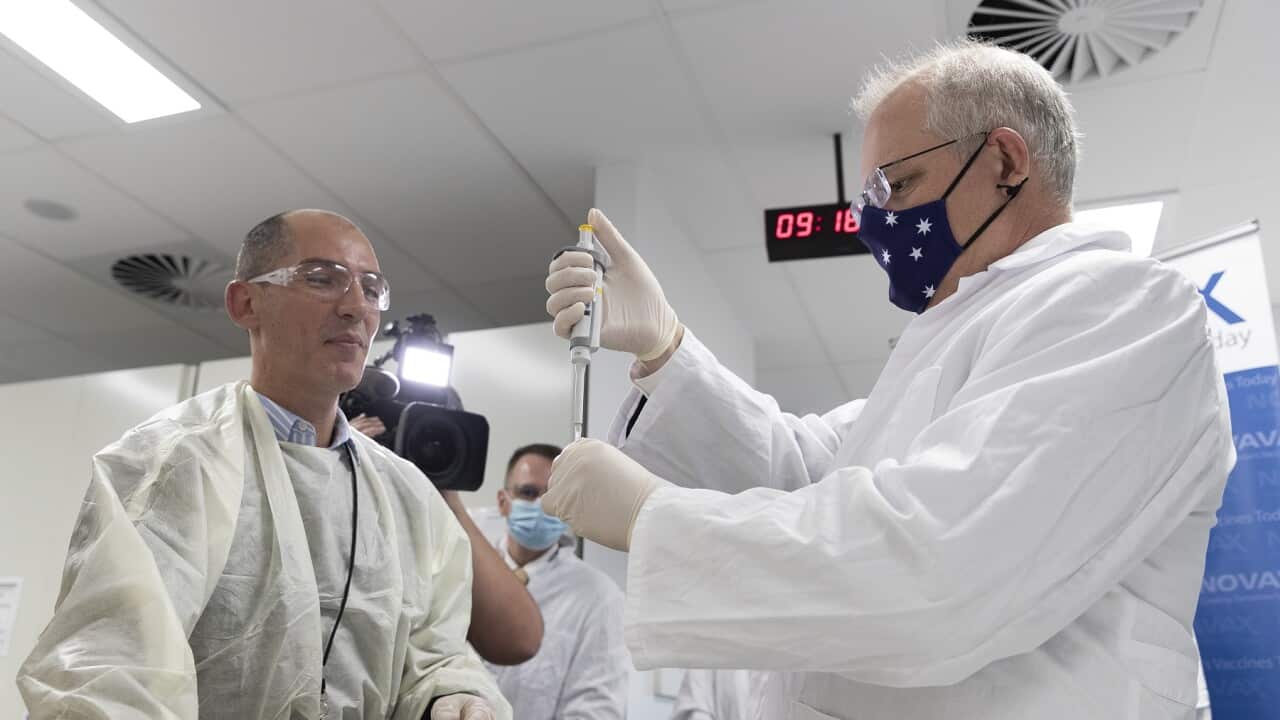 Prime Minister Scott Morrison is seen during a tour of the Scientia Clinical Research facility in Sydney, Thursday, November 5, 2020. (AAP Image/Pool, Brook A Mitchell) NO ARCHIVING
