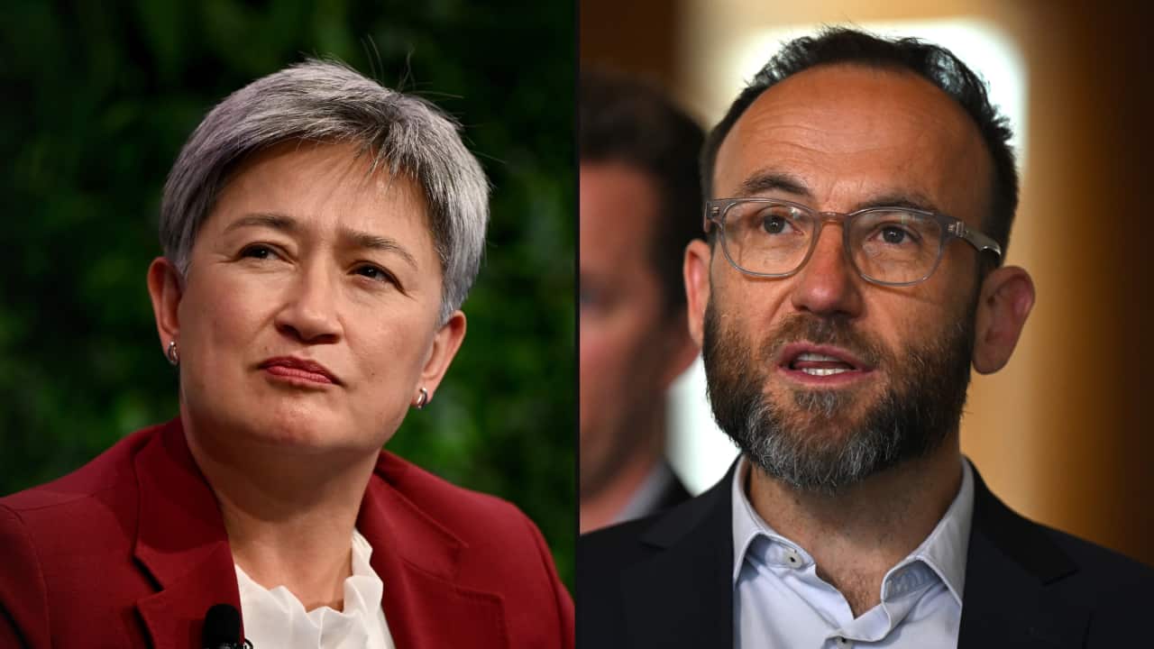 A split image of Penny Wong and Adam Bandt.