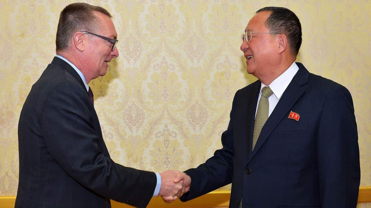 North Korean Foreign Minister Ri Yong-ho greets UN Undersecretary-General for Political Affairs Jeffrey Feltman in Pyongyang, North Korea.