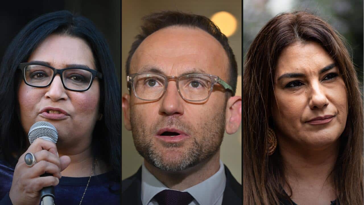 A composite image showing the faces of Mehreen Faruqi, Adam Bandt, and Lidia Thorpe