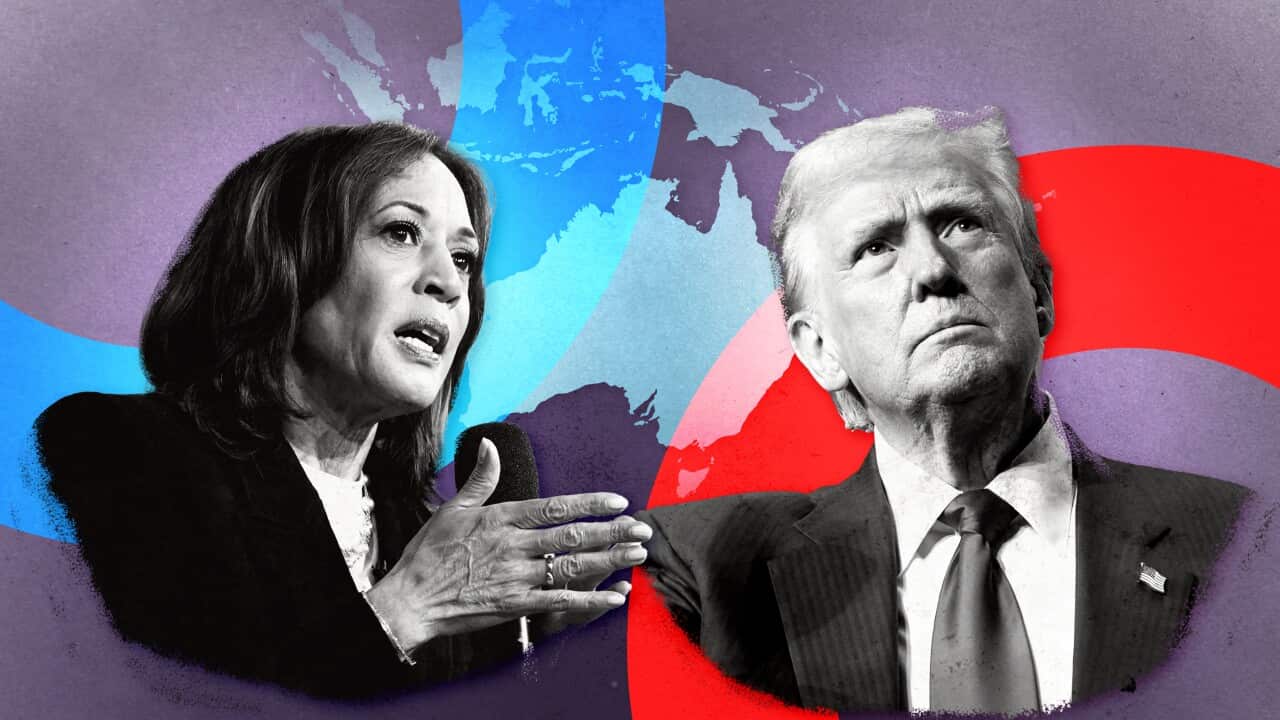 A composite image featuring the torsos and heads of Kamala Harris and Donald Trump, both wearing formal attire and serious facial expressions. Behind them is a map of Australia and its northern neighbours.