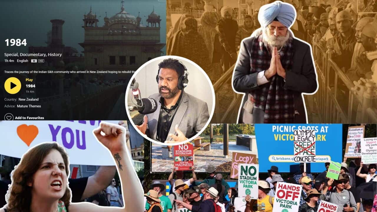 A collage of images of HS Phoolka, 1984 documentary on SBS on demand and political protests across Australia with superimposed image of SBS Punjabi radio presenter