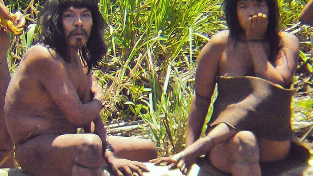 A handout photograph by Survival Internacional shows a couple of uncontacted indigenous people from the Mashco-Piro tribe at the Manu National Park, southeastern Peru