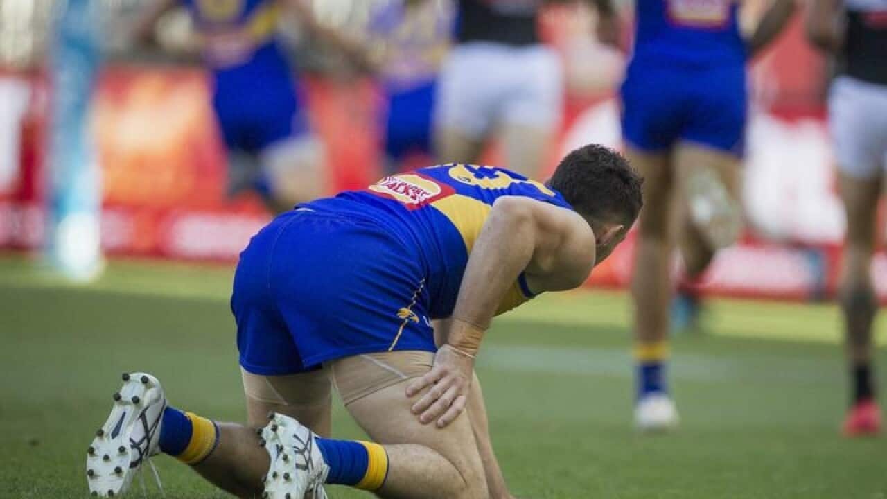 File image of Luke Shuey of the Eagles holding his injured hamstring.