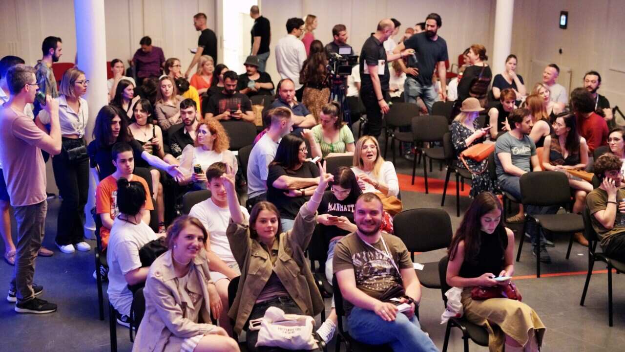 Audience attends one of the plays at the 2022 Miredita Dobar Dan Festival in Belgrade, Serbia