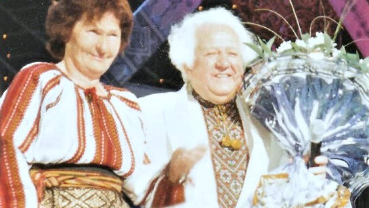 Марія Киселиця та поет Михайло Ткач на творчому вечорі в Києві з нагоди 50-річчя пісні «Марічка» (2005 рік).