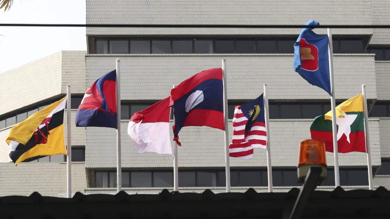 Flags of member countries fly outside the ASEAN Secretariat building in Jakarta, Indonesia.