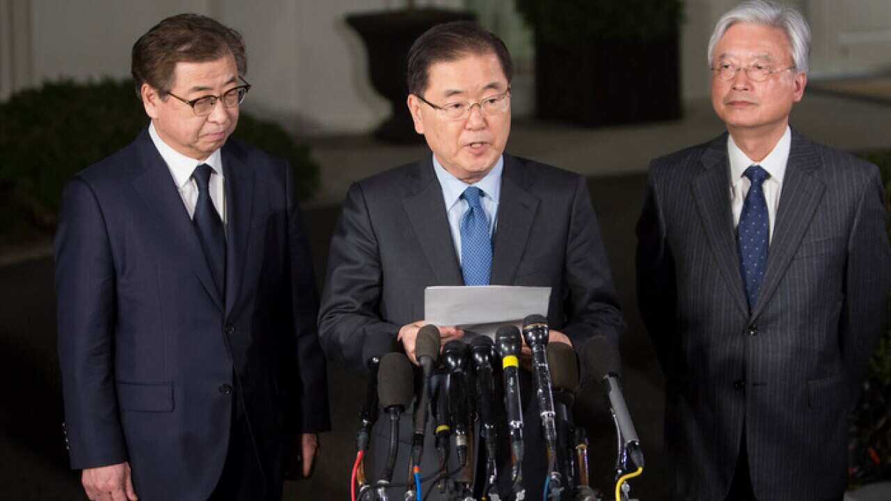South Korea's national security director Chung Eui-yong makes a statement at The White House in Washington, DC, USA, March 8, 2018. Photo by Chris Kleponis/CNP/ABACAPRESS.COM.