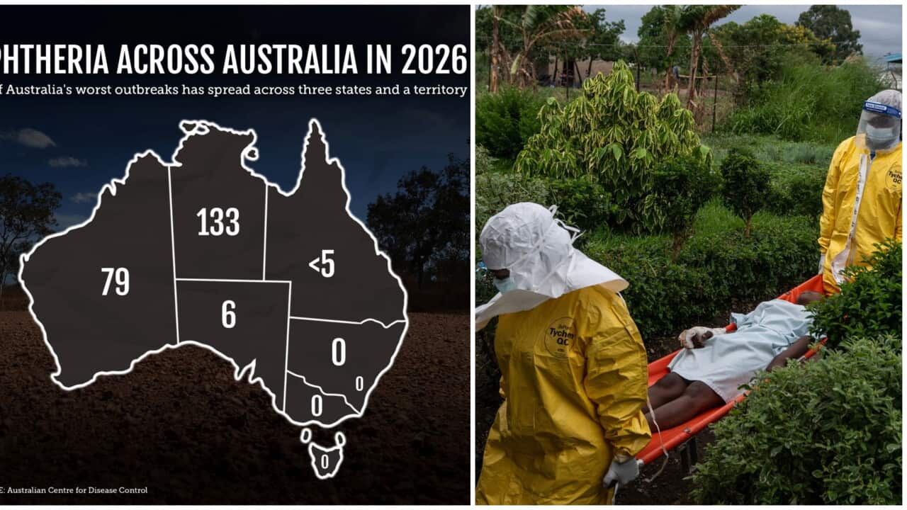 Image 1: A graphic illustration highlighting diphtheria cases across Australian states and territories in 2026. (AAP Image-Susie Dodds).
Image 2: Medical staff carry an Ebola patient to a treatment centre in Rwampara, Congo (AP Photo-Moses Sawasawa).