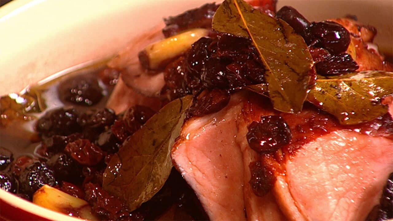 Luscious bacon braised with red wine and fresh cherries
