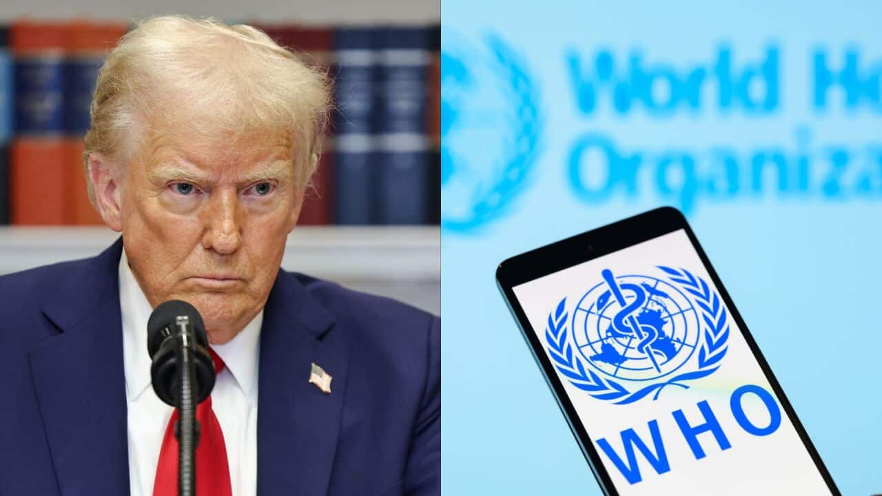 Composite image of Donald Trump (left) and the World Health Organization logo.