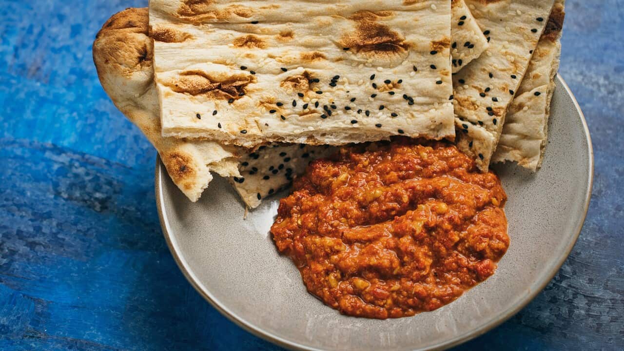 Muhammara (char-grilled capsicum, chilli, walnut and pomegranate dip)