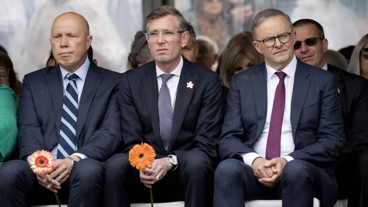 (left to right) Peter Dutton, Dominic Perrottet and Anthony Albanese wearing suits and sitting on plastic chairs outside