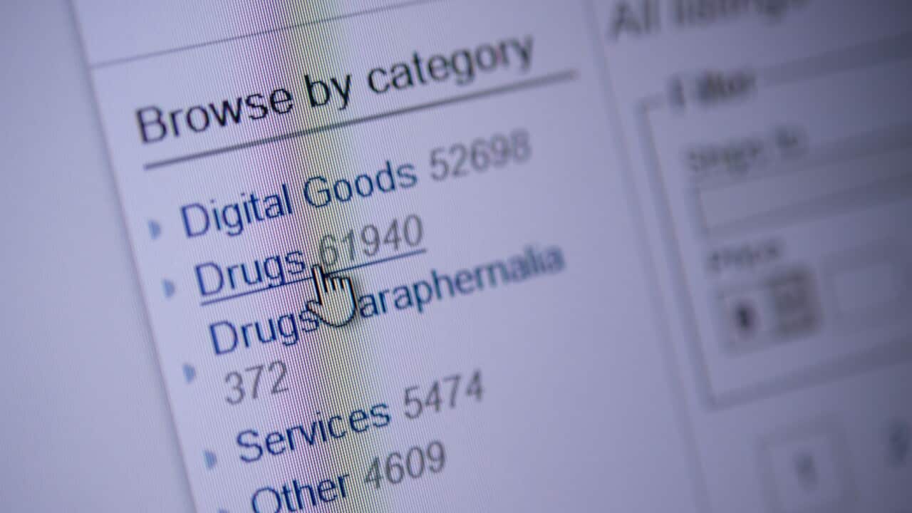 6 July 2018, Stuttgart, Germany: A cursor is placed upon the button reading "drugs" on a darknet webpage. Photo: Sebastian Gollnow/dpa (Photo by Sebastian Gollnow/picture alliance via Getty Images)