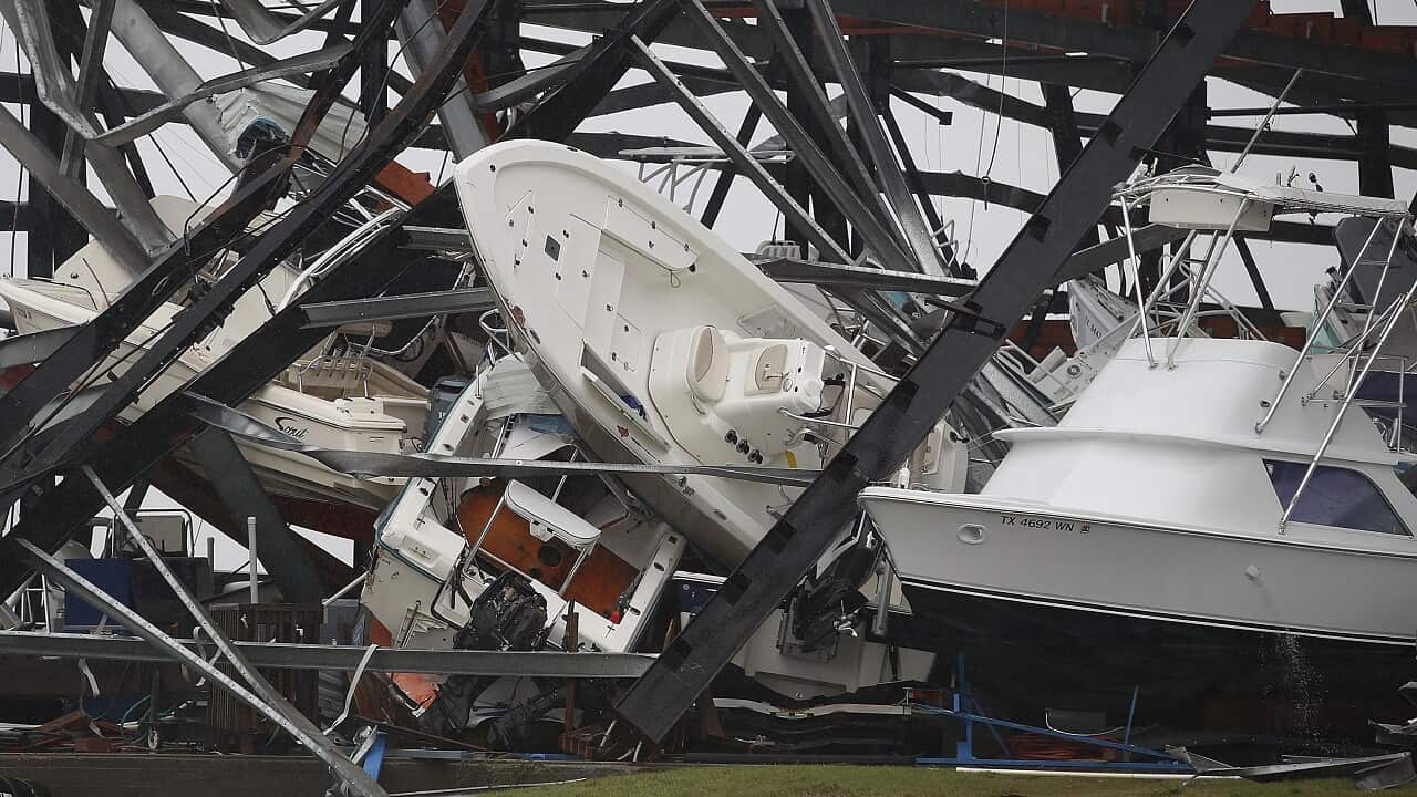 Boats are seen tossed around after Hurricane Harvey passed through on August 26, 2017 in Rockport, Texas.