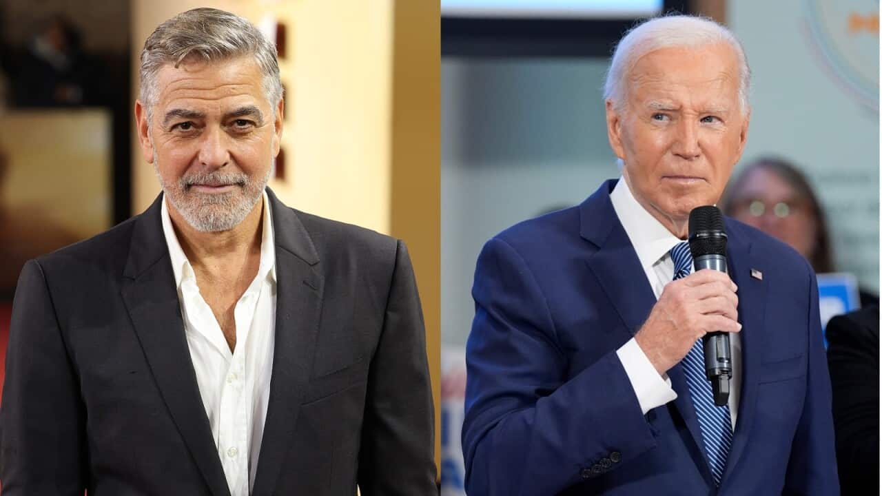 A composite image of George Clooney and Joe Biden. Clooney is staring straight ahead at the camera, while Biden is holding a microphone.