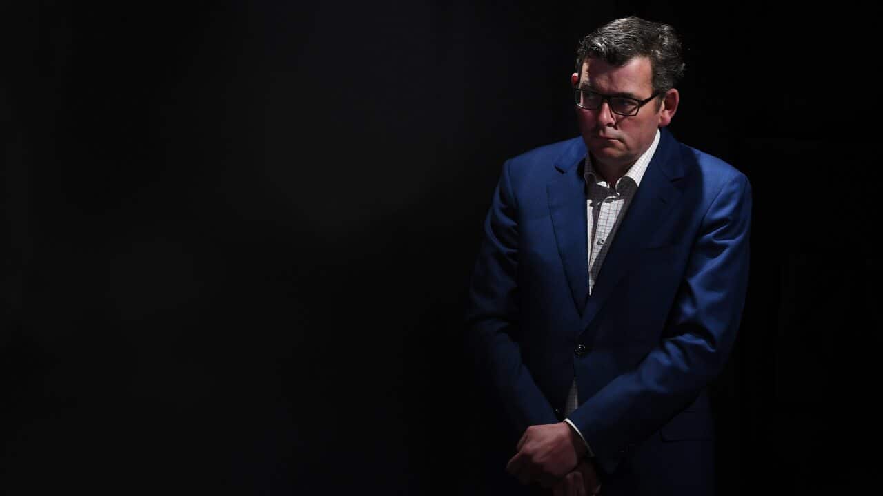 Victorian Premier Daniel Andrews looks on during a press conference in Melbourne, Wednesday, September 9, 2020. Victoria has recorded 76 new cases of coronavirus and 11 deaths in the past 24 hours. (AAP Image/James Ross) NO ARCHIVING