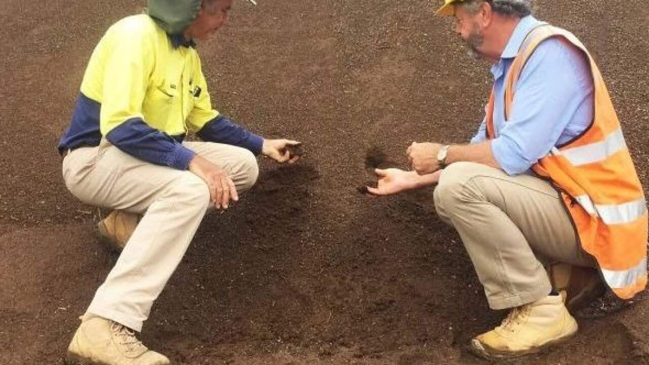 Geologists and farmers Martin I'Ons (L) and Guy Lewington examining their find