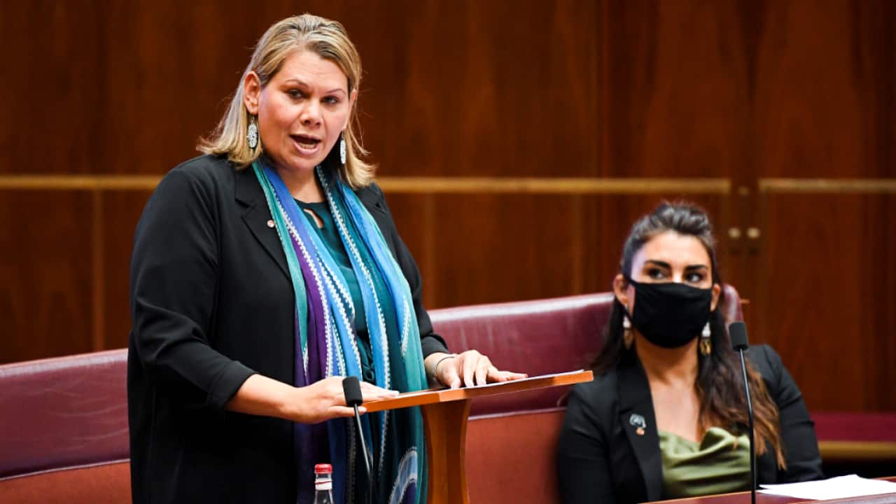 Greens Senator Dorinda Cox delivers her maiden speech in the Senate at Parliament House in Canberra.