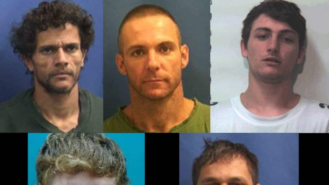 A composite image of five supplied pictures obtained on Wednesday, July 25, 2018, of five men who escaped from a maximum security prison