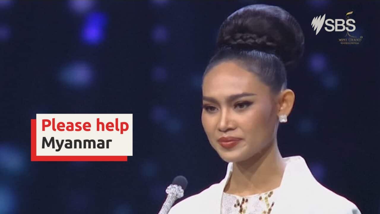 Miss Myanmar pleas on-stage for help from the international community