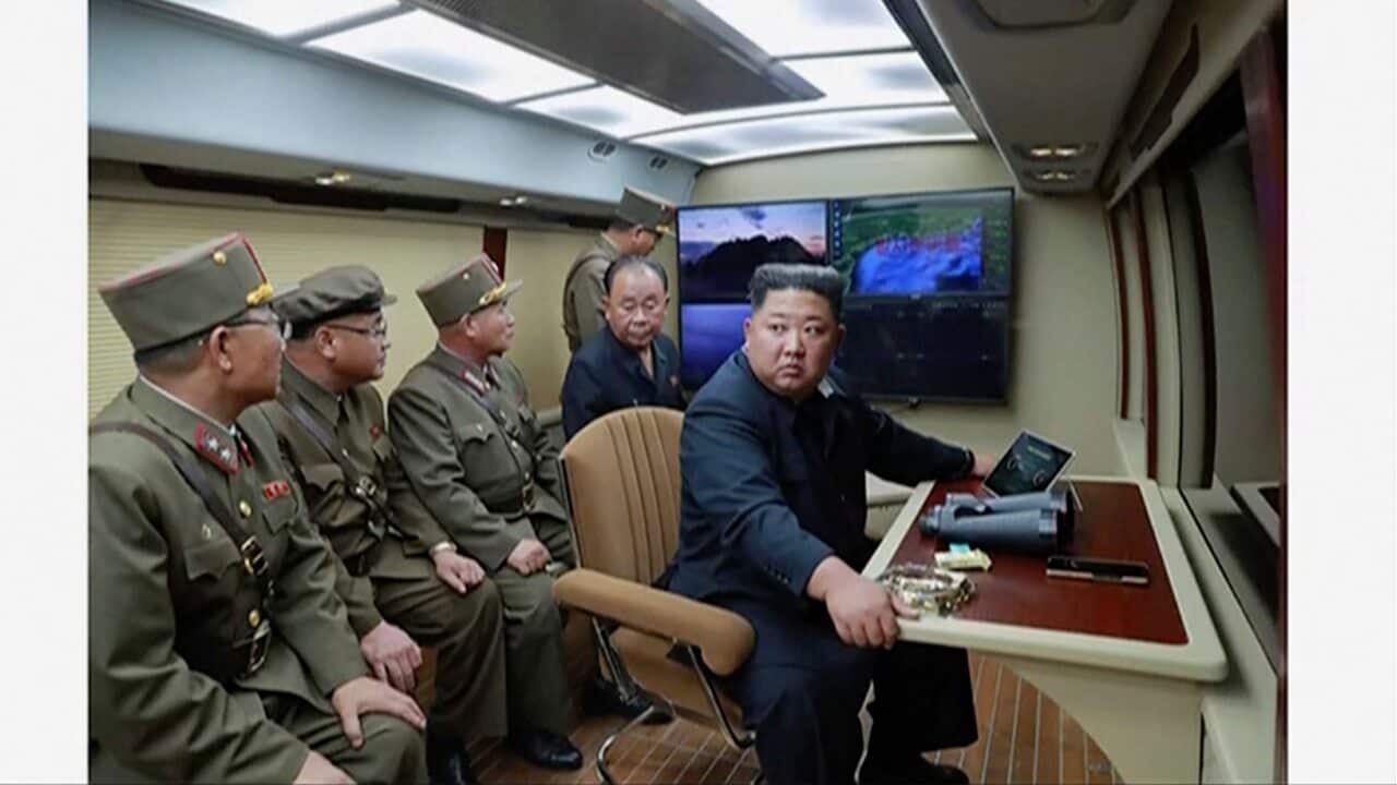 In this image made from video of a still image broadcasted by North Korea's KRT North Korean leader Kim Jong Un supervises a rocket launch test.