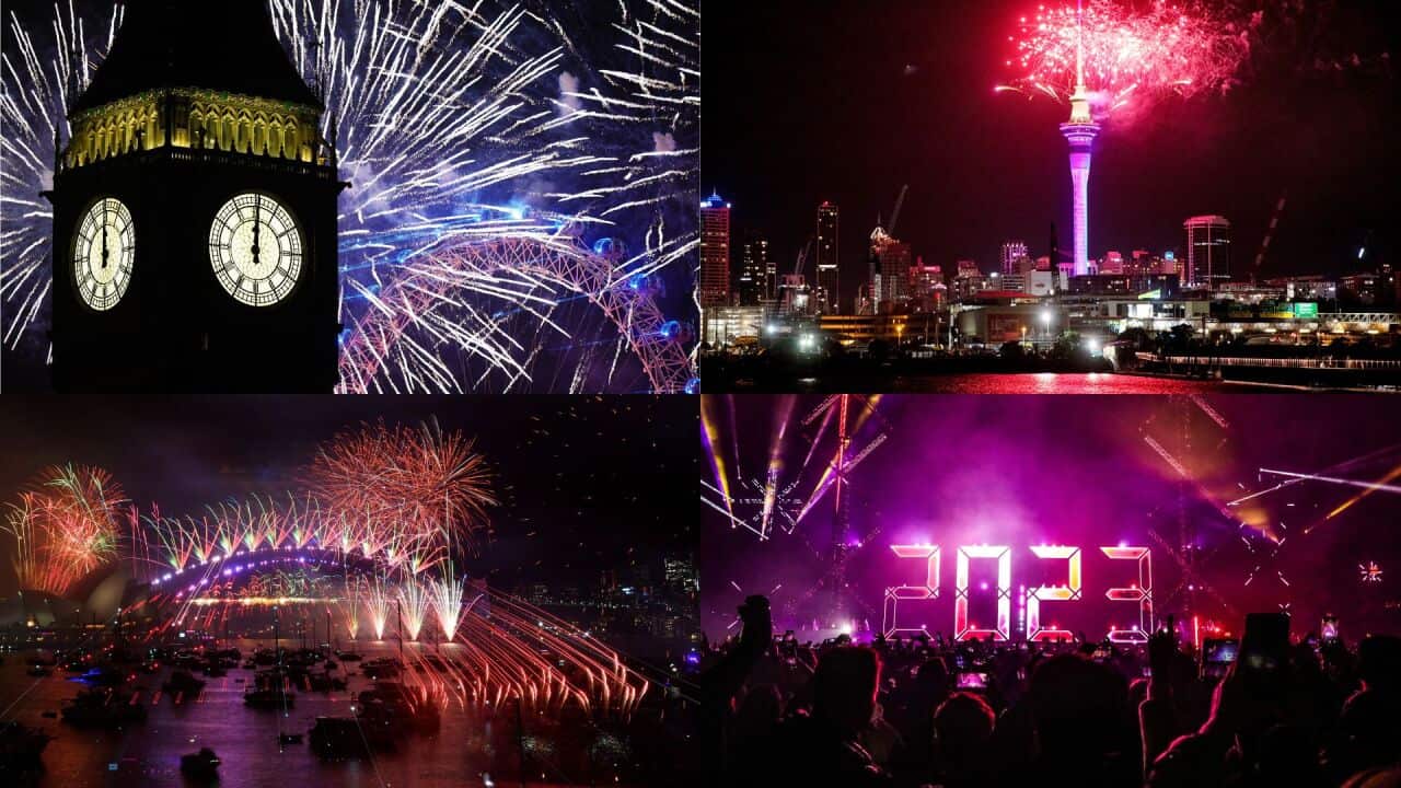 A composite image of fireworks in London, Aukland, Sydney and Amsterdam.