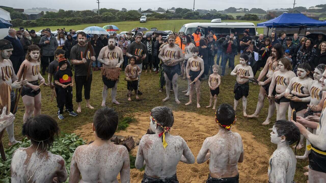 Kooyang Parreeyt Maar Dance Group perform at an official ceremony celebrating native title recognition for the Eastern Maar people. (Tiffany Garvie, Eastern Maar Aboriginal Corporation).jpg