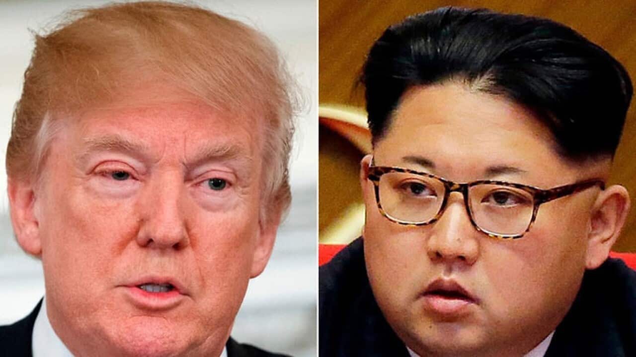 This combination of two file photos shows US President Donald Trump, left, and North Korean leader Kim Jong-un