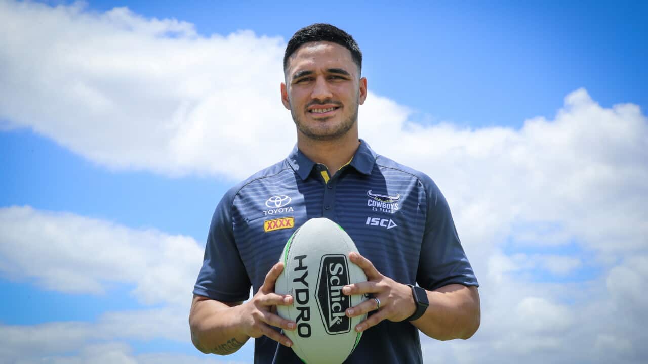 North Queensland Cowboys recruit, Valentine Holmes at Cowboys HQ, Townsville, Monday, November 25, 2019. Valentine Holmes has signed a six-season NRL deal with the North Queensland Cowboys. (AAP Image/Michael Chambers) NO ARCHIVING