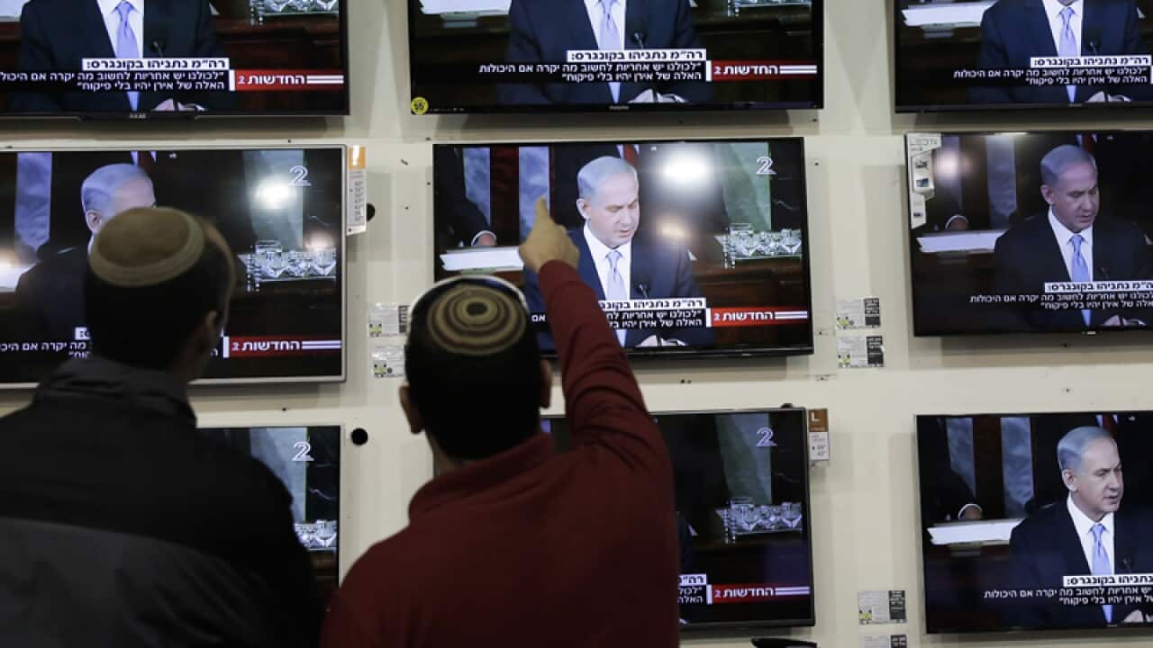 Israelis watch PM Benjamin Netanyahu address the US Congress