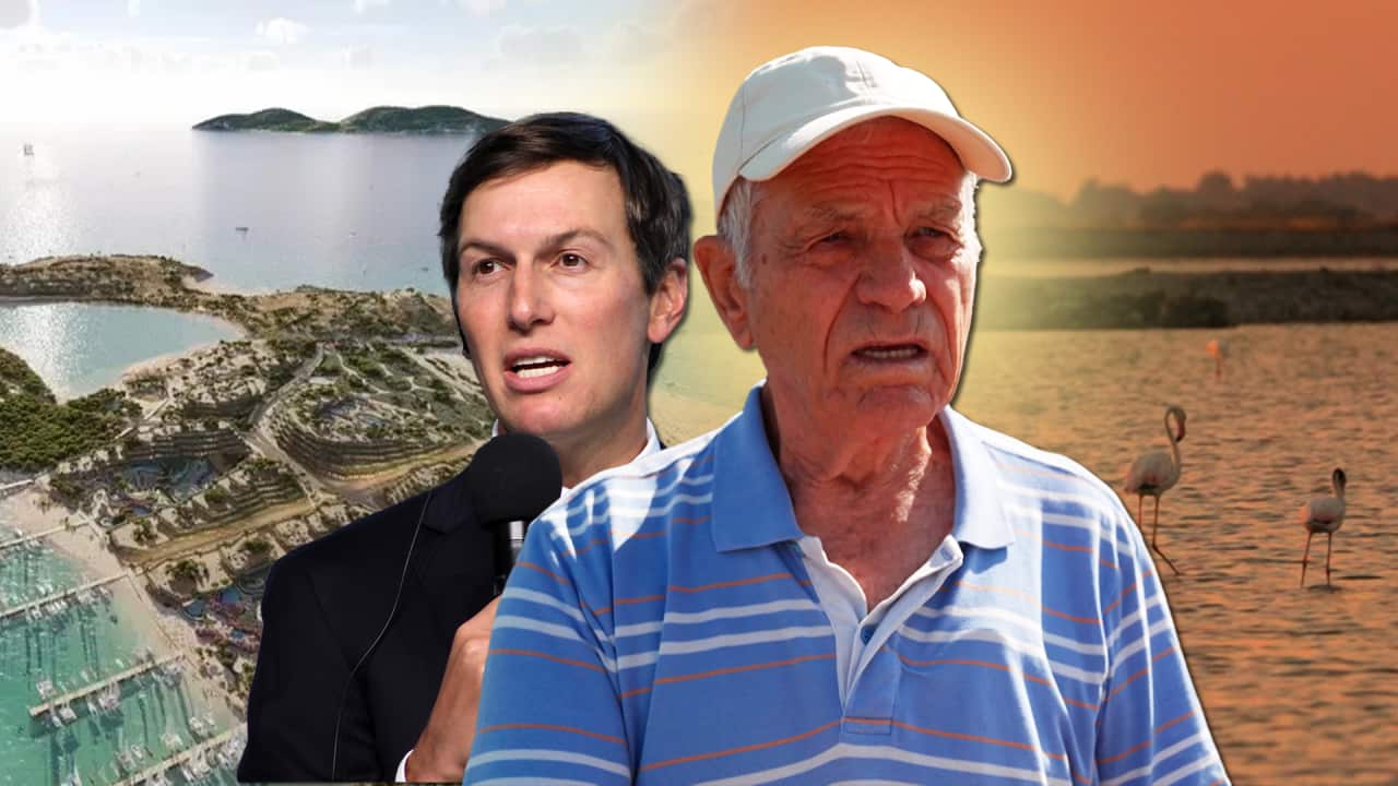 Composite image featuring two people in the foreground. On the left is a man in a dark suit holding a microphone. On the right is an elderly man wearing a white cap and a blue striped polo shirt. Behind them, an aerial rendering of a coastal resort development with marinas and terraced buildings is blended with a sunset waterscape where flamingos stand in shallow water